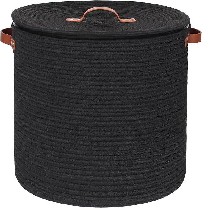 Storage Basket with Lid, 15"x13" Round Woven Blanket Storage for Living Room, Decorative Cotton Rope Hamper with Zipper Top, Black Laundry Basket with Lid, Floor Covered Kids Dog Toy Bin Box
