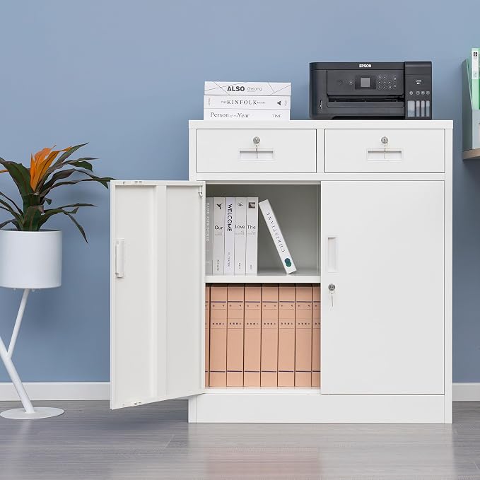 Wanfu Metal Storage Cabinet, Locking Storage Cabinet with Adjustable Shelf, 36" H Metal Cabinets with 2 Drawers for Office, Garage, Home-White