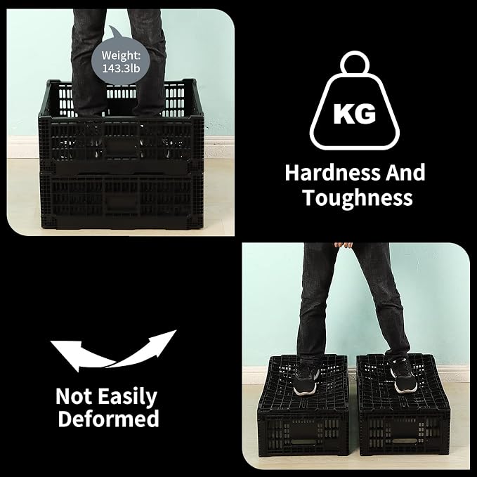 Collapsible Storage Bin Containe，52 Liter Transferheavy duty plastic storage box,milk crates heavy duty Transit storage of various items black (2)