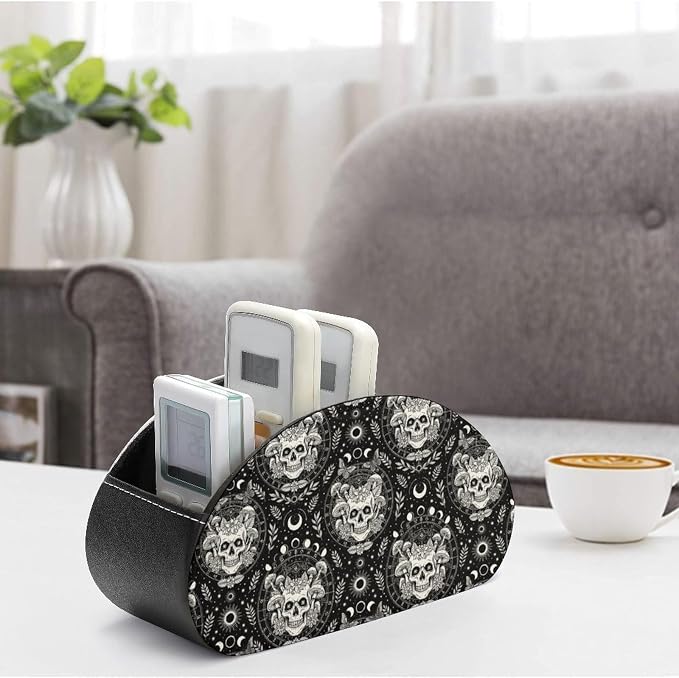 Desktop Remote Control Holder Moon Skull Mushroom Storage Cup Caddy Box | Table Desk Organizers with 5 Compartments, Skeleton Sun Moon Skull Mushroom, Multi-functional Office Supplies