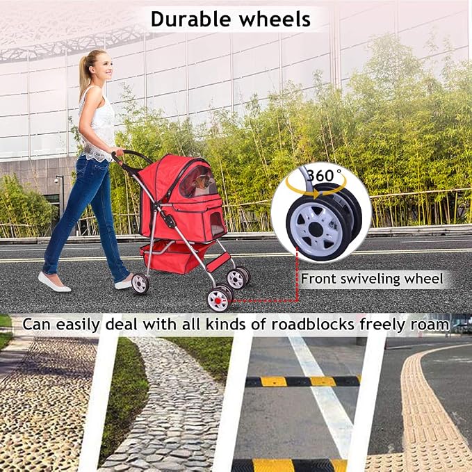 Dog Stroller Pet Stroller Cat Strollers Jogger Foldable Travel Carrier 35Lbs Capacity Doggie Cage Durable 4 Wheels Strolling Cart with Cup Holders and Removable Liner for Small-Medium Dog, Cat - Red