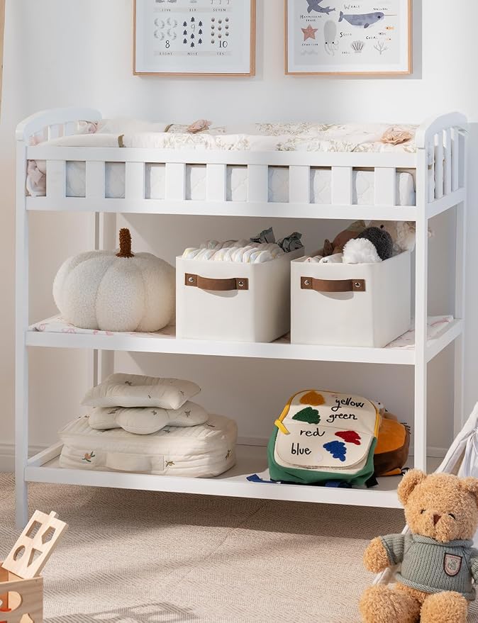 StorageWorks Narrow Storage Bins, Long Baskets, Beige, 2-Pack | With Metal Frame, Sturdy Structure, PU Handles, Toilet Paper Storage, Small Storage Bins, For Bathroom, Closet, Shelf