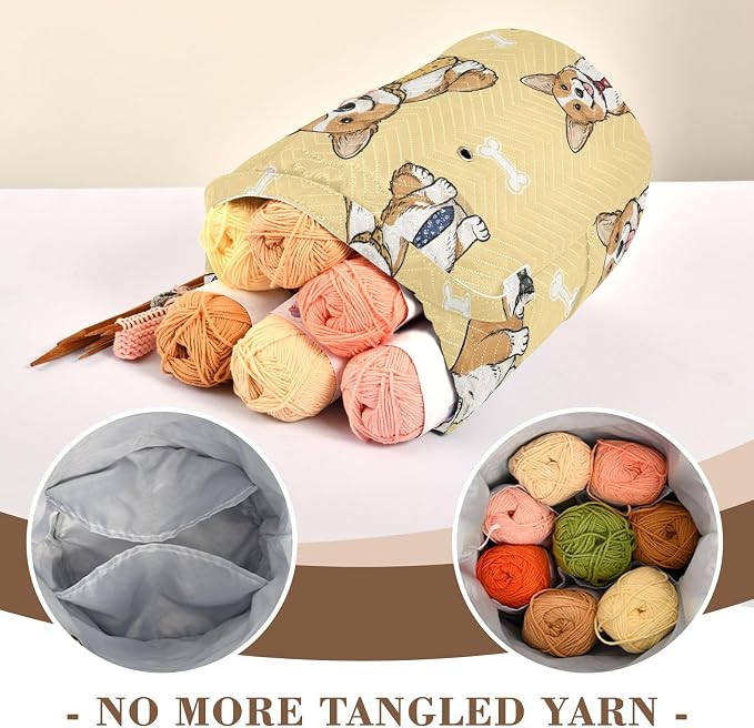 Tatenale Crochet Bag Yarn Bag Knitting Project Bag with Pockets and Handle Portable Yarn Storage Organizer Tangle Free 8.3x11 InchYellow Cute Corgi and Bones42
