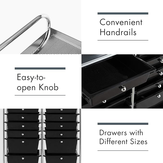 12 Drawer Rolling Storage Cart, Art Cart Organizer on Wheels, Mobile Utility Cart with Drawers, Multipurpose Craft Drawers for Home Office School Classroom (Black)
