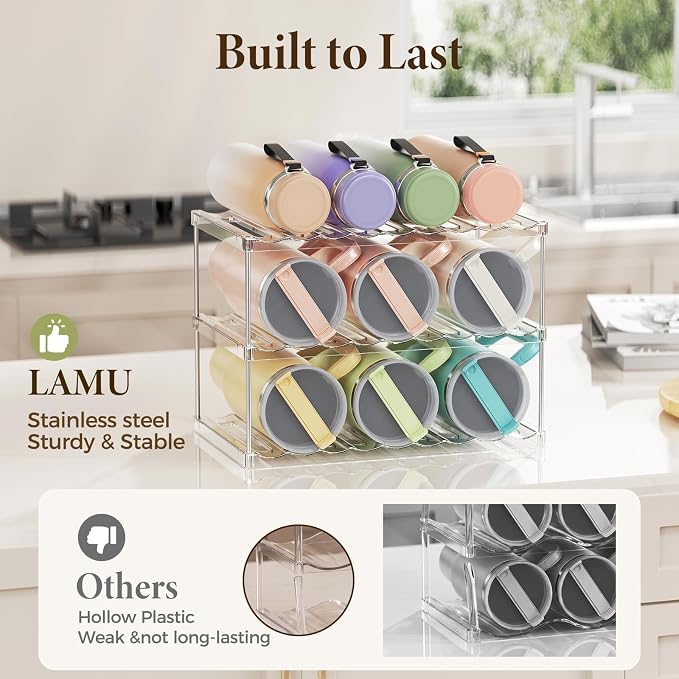 LAMU Stackable Water Bottle Organizer Holder Tumbler Cup Storage Rack | 3 Tier Clear PET Holder for Stanley 16-40oz Large Water Bottle Tumbler Cup Storage for Kitchen Cabinet Pantry Countertop