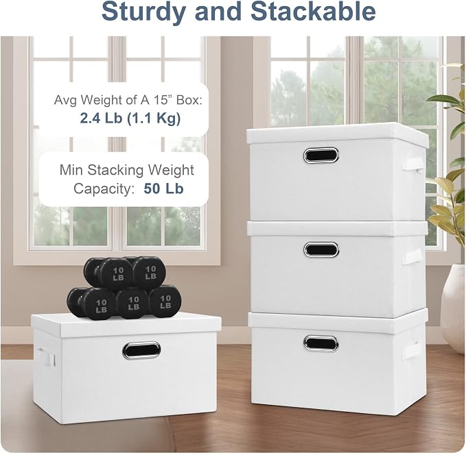 Graciadeco Medium 15" 21 Quart Collapsible Stackable Storage Bins with Lids, 5 Packs White Foldable Fabric Closet Storage Boxes with Lids, Lidded Heavy-duty Linen Baskets(15x11x8) | 21 Quart 5 Pack White Collapsible Stackable Linen Fabric 4 Handles Bed...