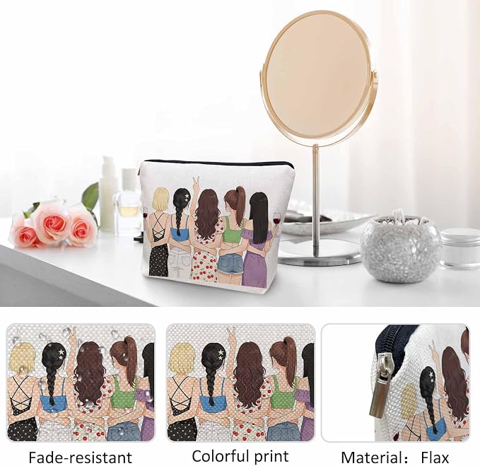 Women Cosmetic Bag Best Friends, Pretty Women Soul Sisters Cute Makeup Bag For Purse Cosmetic Travel Bag For Toiletries Makeup Storage Bag Flax Skincare Bag Make Up Pouch Bags