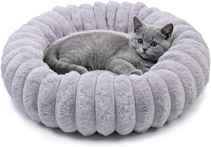Tiny Donut Pet Bed, 16 Inch Round Calming Bed for Puppies & Kittens, Soft Cozy for Indoor Cats & Extra Small Dogs, Anti-Slip Bottom, Washable, Light Gray