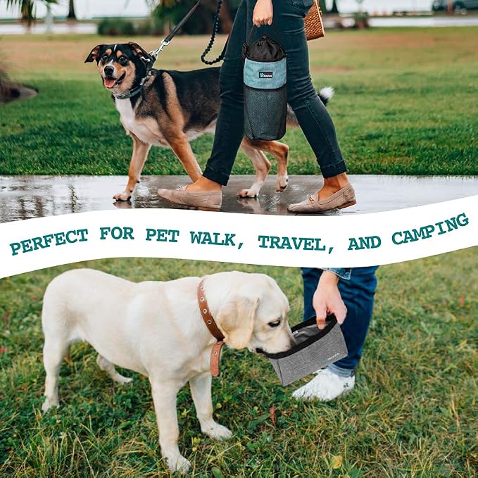 PetAmi Travel Dog Food Bag with 2 Collapsible Bowls Waterproof Dog Kibble Storage & Foldable Food Water Bowls for Dogs & Cats, Hiking & Camping (Sea Blue, Grey)