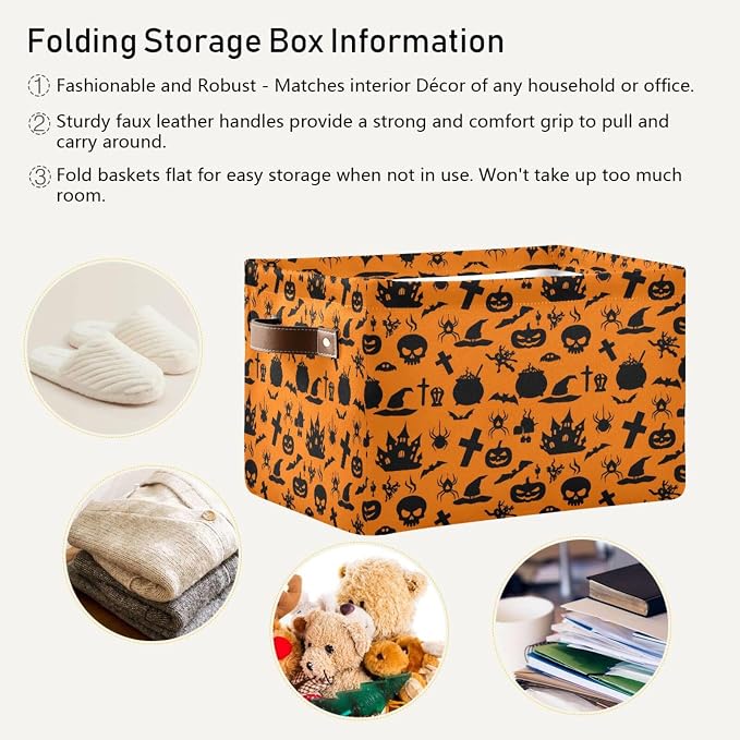 Kigai Storage Basket, Fabric Collapsible Closet Organizer Bin | Halloween Pumpkin Waterproof Foldable Canvas Basket with Handles for Shelves, Nursery, Closet, Bedroom & Bathroom