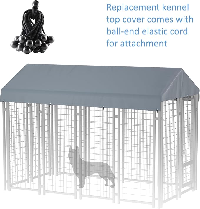 Outdoor Dog Kennel Cover 8'L x 4'W Replacement Dog Kennel Cover Gray | 420D Silver-Plated Waterproof UV-Protective Oxford Fabric Includes a Ball-Ended Elastic Lanyard (Frame Not Included)