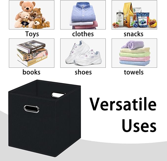 Black Foldable Storage Cubes Bins , Fabric Storage Box Cubes Organizer Baskets with Dual Handles for Home Organizer (Black)
