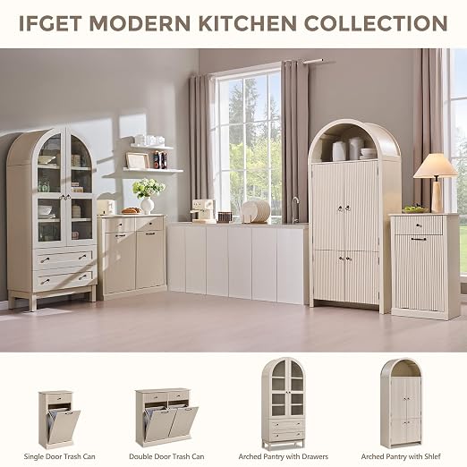 IFGET Double Tilt-Out Trash Cabinet, Fluted Laundry Hamper Cabinet, Cream