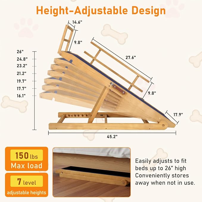 Dog Ramp - 7 Adjustable Heights, Portable with Leather Handle, Anti-Slip Design for Beds, Couches & Cars - Perfect for Small & Large Dogs