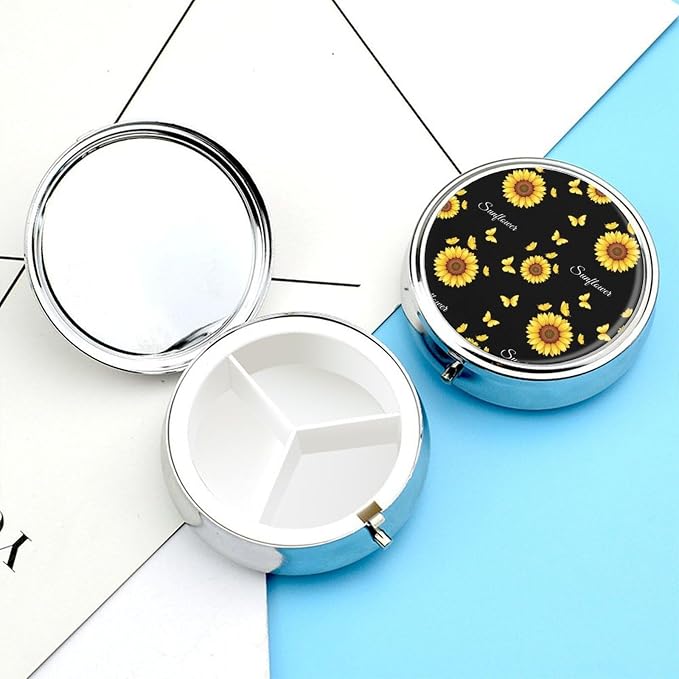 Pocket Pill Box, Beautiful Butterfly Sunflower Compact Round Dispenser, Travel Organizer for Supplements, Waterproof Case Purse Carry for Hiking