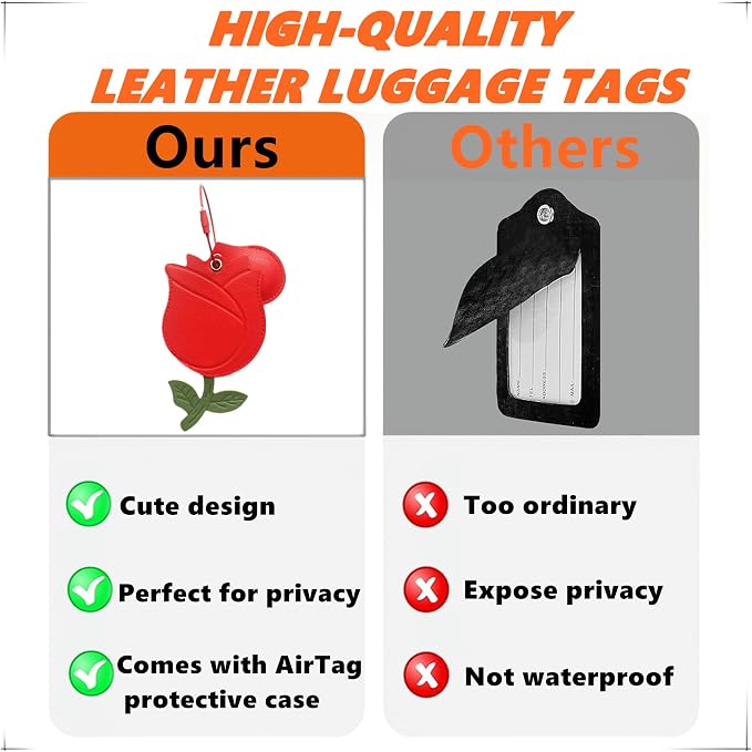 PU Leather Luggage Tag with Airtag Holder Case Set and Name ID Label | Hidden Compartment for AirTag Travel Suitcase Tracking Case with Stainless Steel Loop,Cute Fruit Plant Animals Styles,Rose