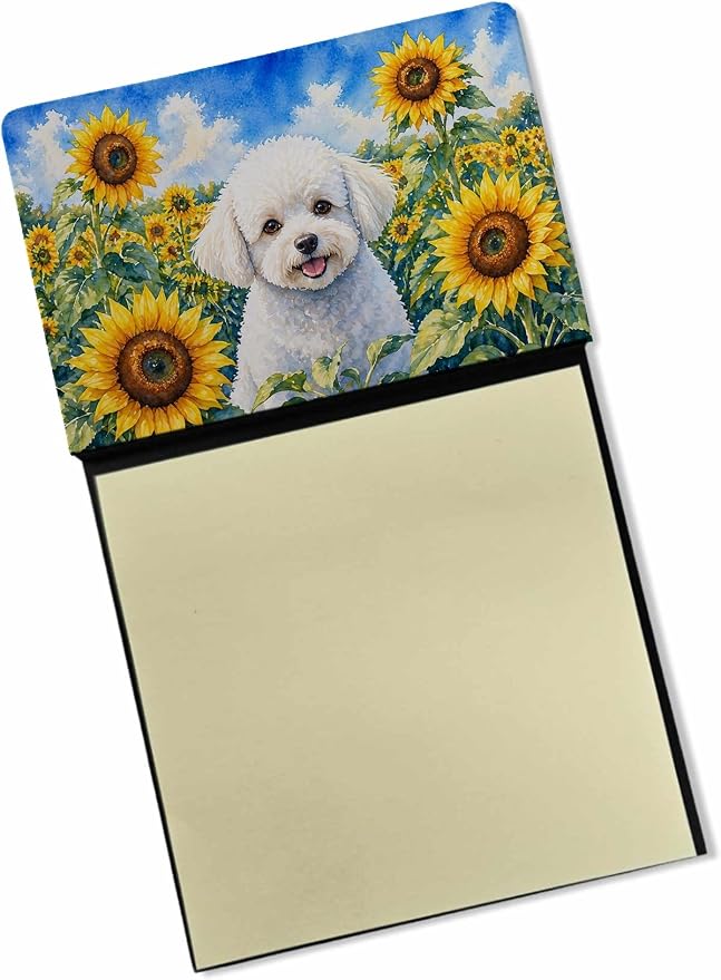 Caroline's Treasures Bichon Frise in Sunflowers Watercolor Sticky Note Holder Refillable Dispenser Desk Accessory 3x3 Pad Gift