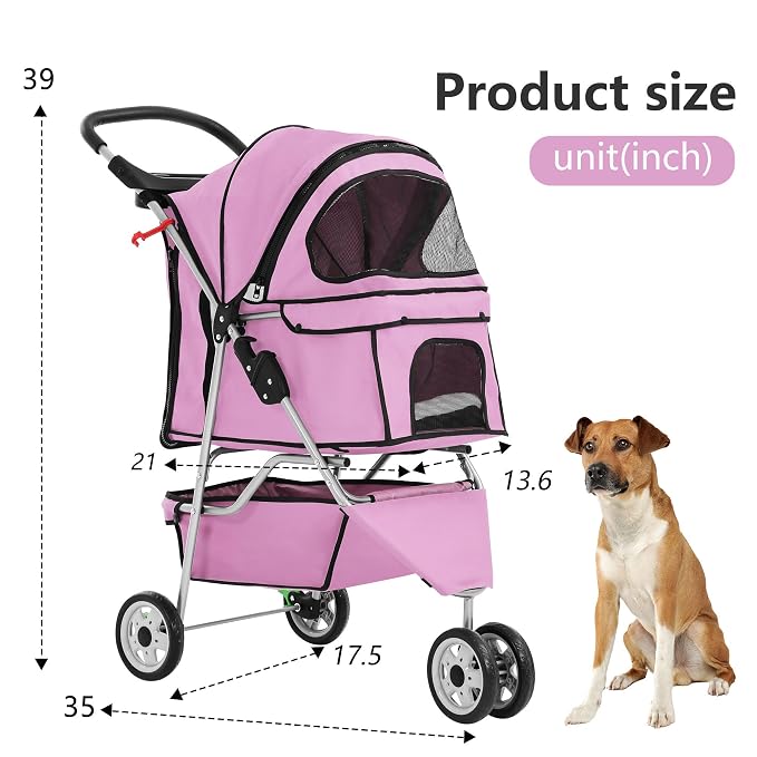 FDW 3-Wheel Pet Stroller Foldable Dog Cat Jogger Stroller Durable Travel Folding Carrier with Storage Basket Cup Holder,Peach Pink