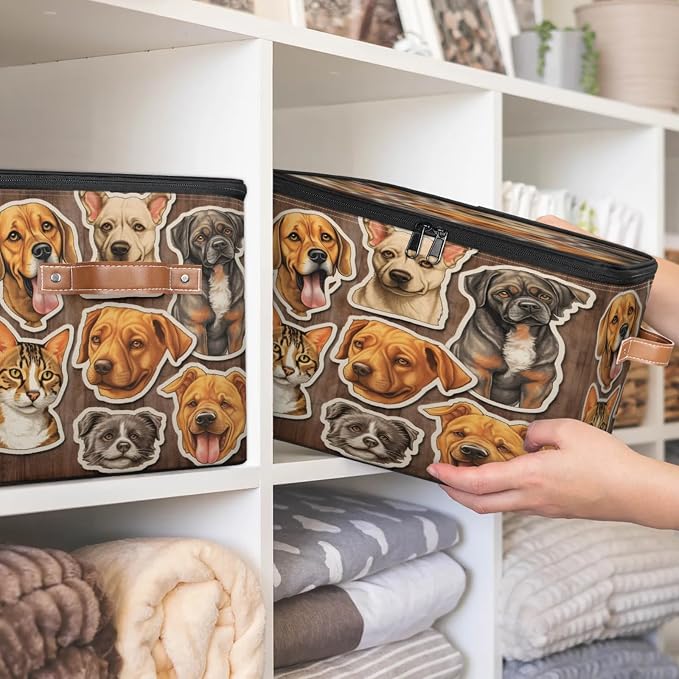 Storage Bin Dogs Cats Storage Basket with Zipper Lid & Handle Foldable Storage Box Cube Bins Clothes Organizer for Closet, Bedroom