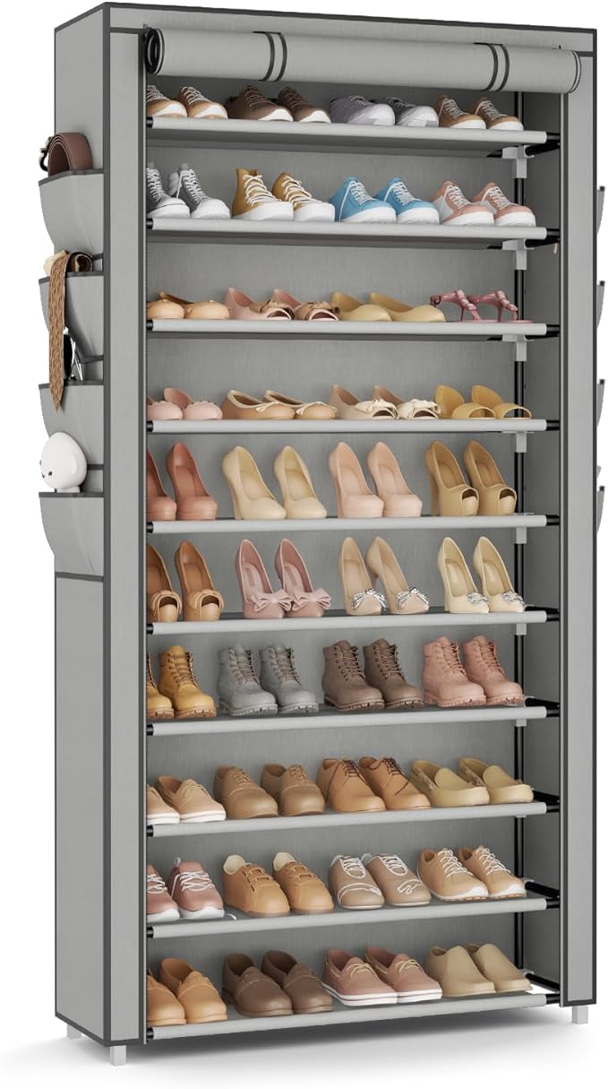 VTRIN Tall Shoe Rack with Cover, 10 Tier Shoe Organizer Storage for 50-55 Pairs Shoes and Boots Large Capacity Shoe Shelf with 8 Pockets Free Standing Shoe Rack for Closet, Entryway, Garage, Grey