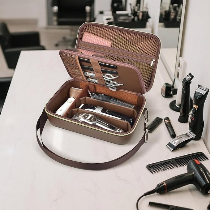 Barber Case for Hair Clippers, for Wahl, for Ufree and for Andis, Case Only | Trimmer Tools Storage Organizer, Easy-Clean PU Interior, for Barbers/Stylists/Pet Groomers, Travel/Home/Salon Use, Brown