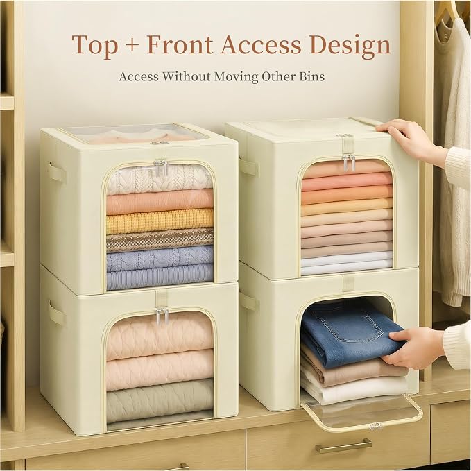 GoMaihe Clothes Storage Bins with Metal Frame for Closet, 40L 4-Pack Beige | Sweaters Hoodies Jeans T-Shirt, Closet Top Shelf Organizer, Collapse-Proof Stackable, Clear Window, Dual Access Space Saving