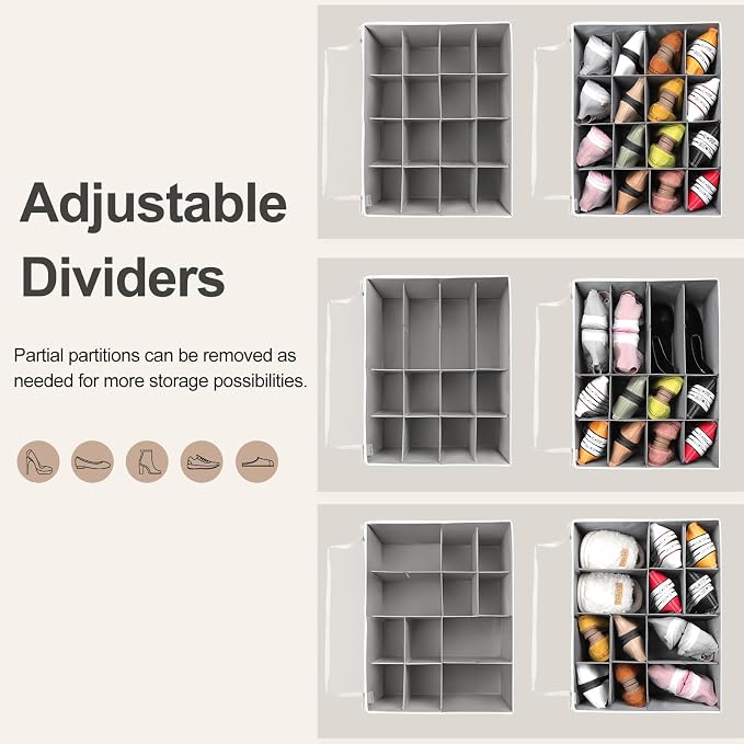 Shoe Organizer for Closet, Foldable Shoe Box with Adjustable Dividers and Clear Cover, Space Saving Shoe Storage Organizer Cabinet with Reinforced Handles, Fits 16 Pairs TP09WG