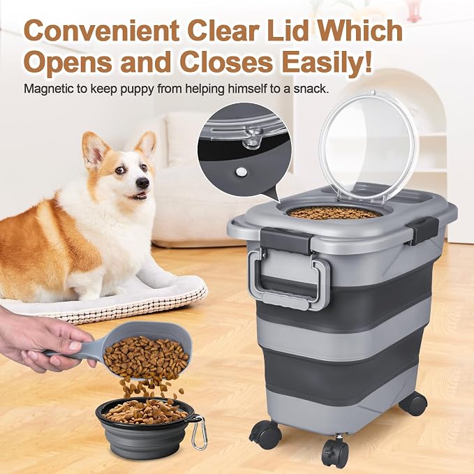 Dog Food Storage Container，2 Pack 25 lbs Airtight Collapsible Cat Food Storage Container with Attachable Wheels, Portable Handle, Dog Food Scoop for Dog Cat Bird Pet Dry Food Storage Bin Large