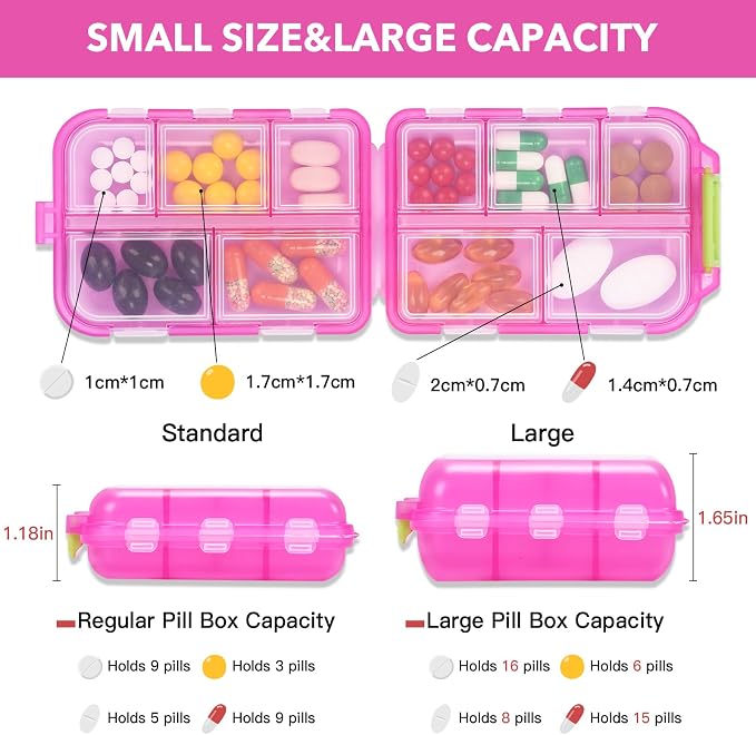 Large Travel Pill Box with 189 Medicine Labels, 10 Compartments Travel Medicine Organizer Medicine Pill Organizer Travel Essentials Pill Organizer with Stickers (Pink, 1 Pack)