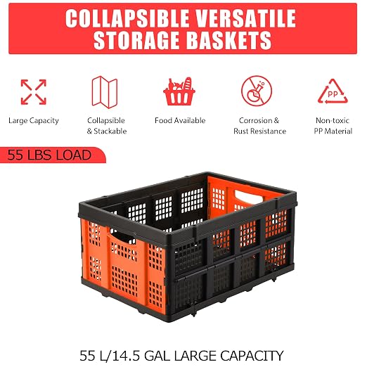 Garvee Collapsible Crate, 55L Foldable Plastic Milk Storage Crate, Orange | Heavy Duty Stackable Plastic Crates Folding Storage Baskets for Groceries, Moving, Camping & Car Storage