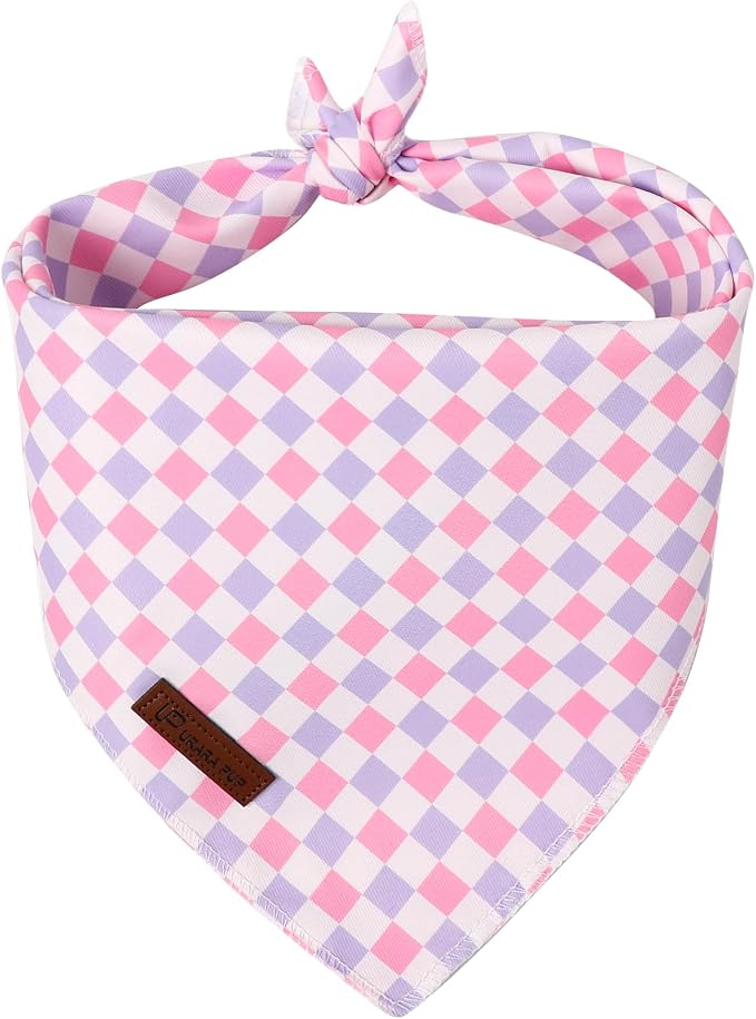 Purple Pink Checkered Dog Bandana, Spring Summer Plaid Puppy Bandana for Girl Female Dogs, Soft Cotton Pet Triangle Bid Scarf Kerchief for Girl Boy Dogs or Cats