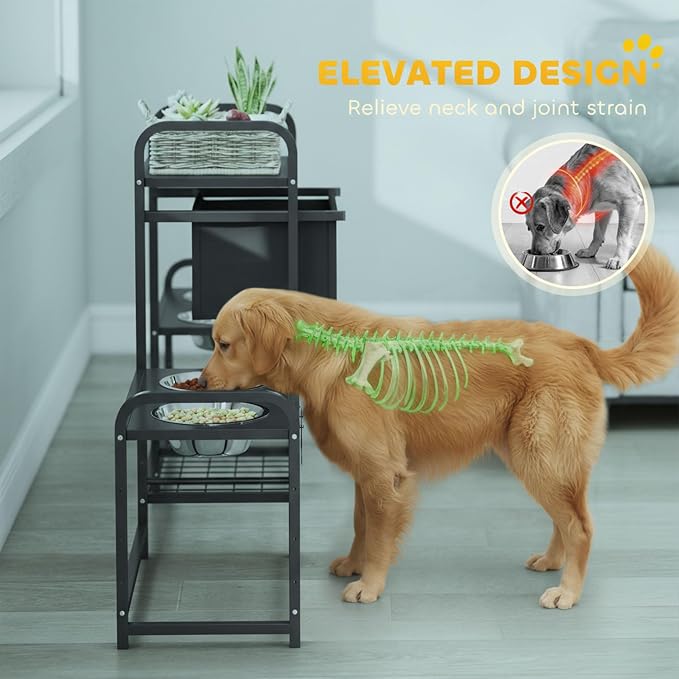 PawHut Dog Bowl Stand, 2 Feeding Stations, 3 Adjustable Heights, Black | Elevated Dog Bowls, Toy Bin Basket, Lifted Food and Water Bowl, Pet Storage Organizer, for Small, Medium, Large Pets