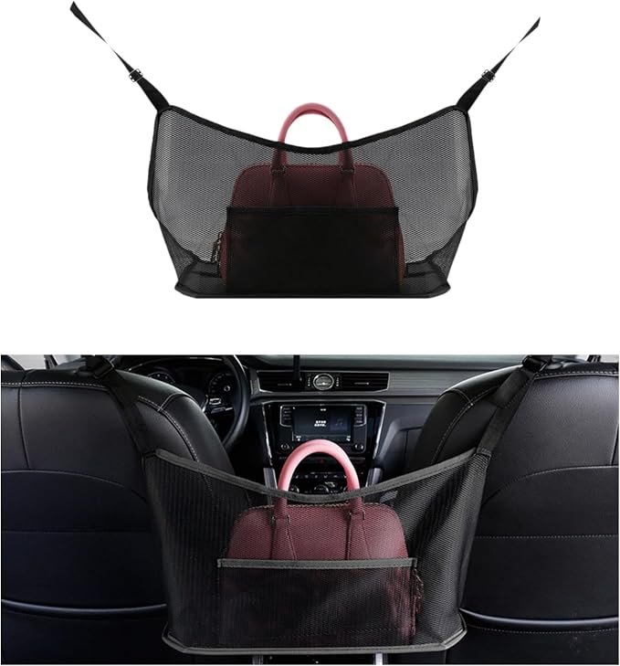 Ziciner Car Net Pocket Handbag Holder, Organizer Mesh Bag Between Two Seat, Driver Storage Netting Pouch for Handbag Purse, Barrier of Backseat Pet Kids, Car Accessories for Women Men (Black)