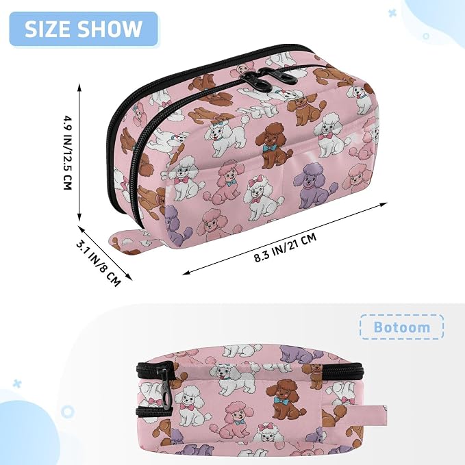 Cute Pets Poodles Pink pattern Large Capacity Pencil Case with Zipper Water Resistant Portable Organizer Pen Bag for Office School Students