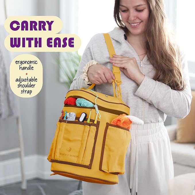 Hearth & Harbor Crochet Bag Organizer – Durable Knitting Bag, Yarn Organizer for Accessories and Supplies, Canvas Yarn Holder, Crochet Carrying Case with Accessories Pouch, Storage Organizer –Mustard