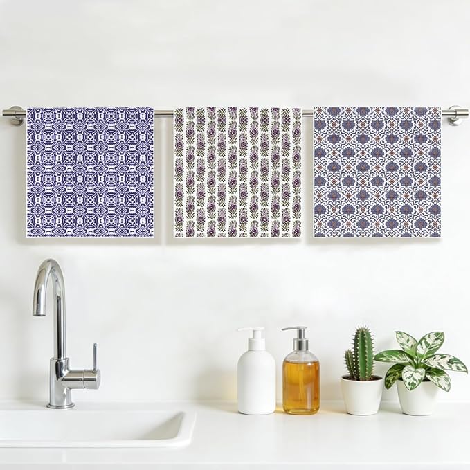 3 Pcs Retro Flower Kitchen Towels, Colorful Flower Soft Absorbent Hand Tea Towel, Microfiber Dish Cloths for Drying Dishes, Waffle Dish Towels for Kitchen Farmhouse Decor, Floral Gifts for Women Mom06