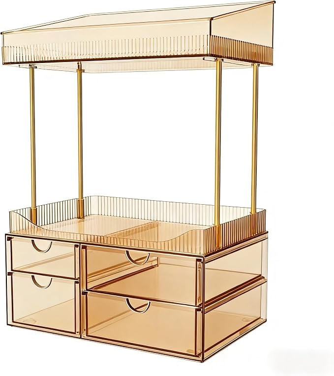 SNSLXH 4-Tier Clear Makeup Organizer Bathroom Storage Amber | 4 Drawers Cosmetics Organiser, Ideal for Countertop, Bathroom, Office, Dresser, for Cosmetics, Skincare, Perfume, Lipstick