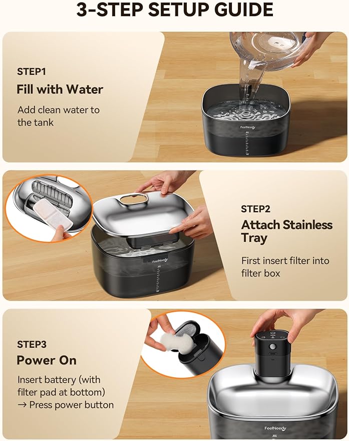 FEELNEEDY Wireless Cat Water Fountain, No Pump for Easy Cleaning, 4000mAh Detachable & Rechargeable Battery, Motion Sensor with Low Water & Power Alerts - Includes 6 Filters (4L/135oz)