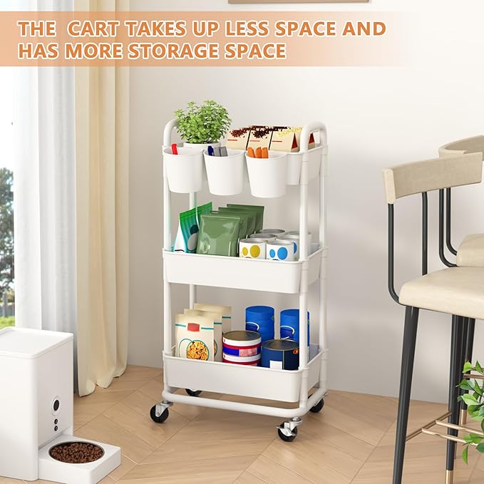 3-Tier Plastic Rolling Storage Cart Utility Cart with Extra Hanging Cups Handles Lockable Wheels for Living Room Bathroom Kitchen Office White | Utility Cart with Extra Hanging Cups Arc-Shaped Handles Lockable Wheels for Living Room Bathroom Kitchen Of...