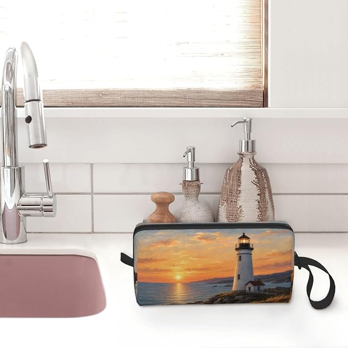 Lighthouse at Golden Sunset Makeup Bag for Women, Cosmetic Pouch | Double-Sided Sunset Lighthouse Cosmetic Organizer with Foam Padding for Women, Travel, Gym, School, and Daily Storage
