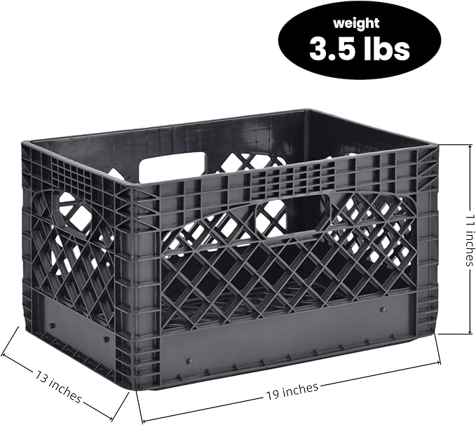 24QT Heavy Duty Plastic Milk Crate, Stackable Storage Bins for Freezer Storage and Travel Groceries — Heavy Duty Organizing Crate for Garage, Camping Supplies, Gardening Tools and Books (Black)