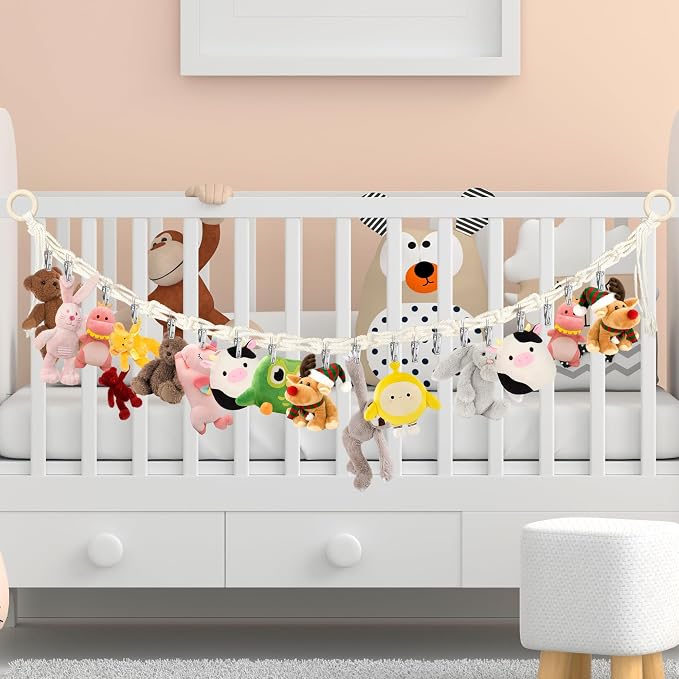 Stuffed Animal Storage Hammock Corner Hanging Stuffed Animal Holder | Boho Stuffed Animal Organizer Chain with 20 PCS Metal Clips for Hanging Hats Socks Holiday Cards