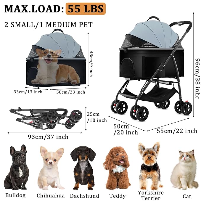 3 in 1 Pet Stroller for Dogs Cats Foldable Jogger with Detachable Carrier