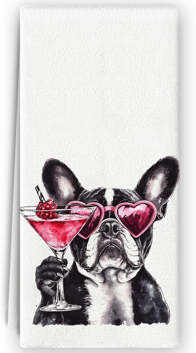 French Bulldog Kitchen Towels - French Bulldog Cocktail Lovers Gifts, Funny Frenchie Wine Hand Towels Dish Towels for Kitchen Home Bar, 16x24 Inch
