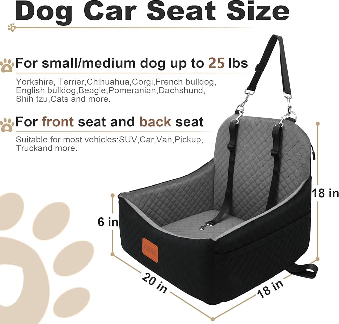 Dog Car Seat for Small Dogs,Pet Safety Travel Bed with 3Seatbelt-Black/Grey | Storage Pockets,Non-Slip Bottom,Memory Foam with Detachable Washable Cover and Easy to Install