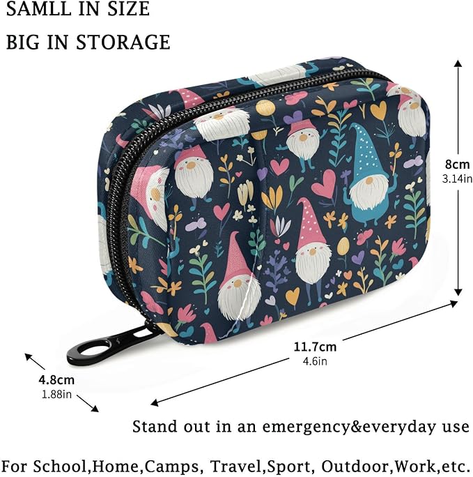 Fustylead Cute Gnome Hearts and Flowers Travel Pill Organizer Bag with Zipper Small Pill Box 7 Day Pill Case for Purse Storage Weekly Vitamin Medicine Supplement
