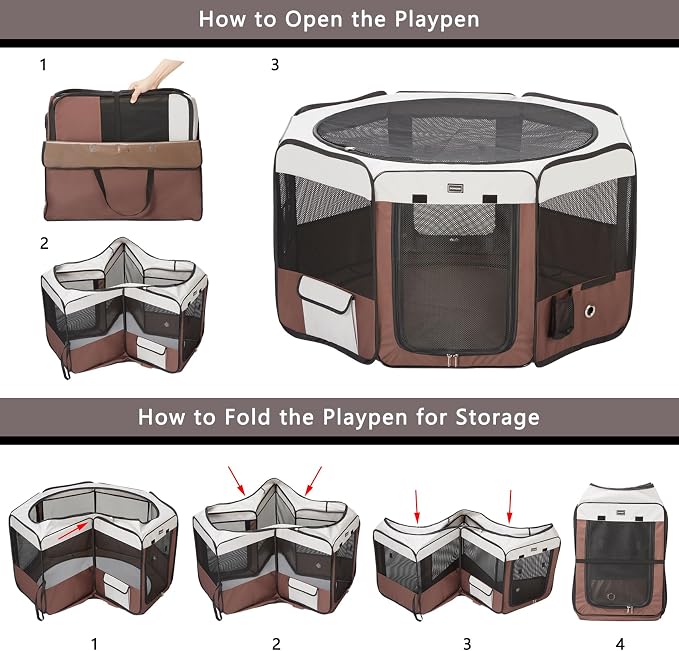 Dog Playpen Portable Pet Play Pens for Small Dog/Cat/Rabbit/Chicks, Cat Playpen Indoor/Outdoor with Carring Case, Removable Zipper Top and Bottom (Brown, Medium (35"x35"x20"), 8)