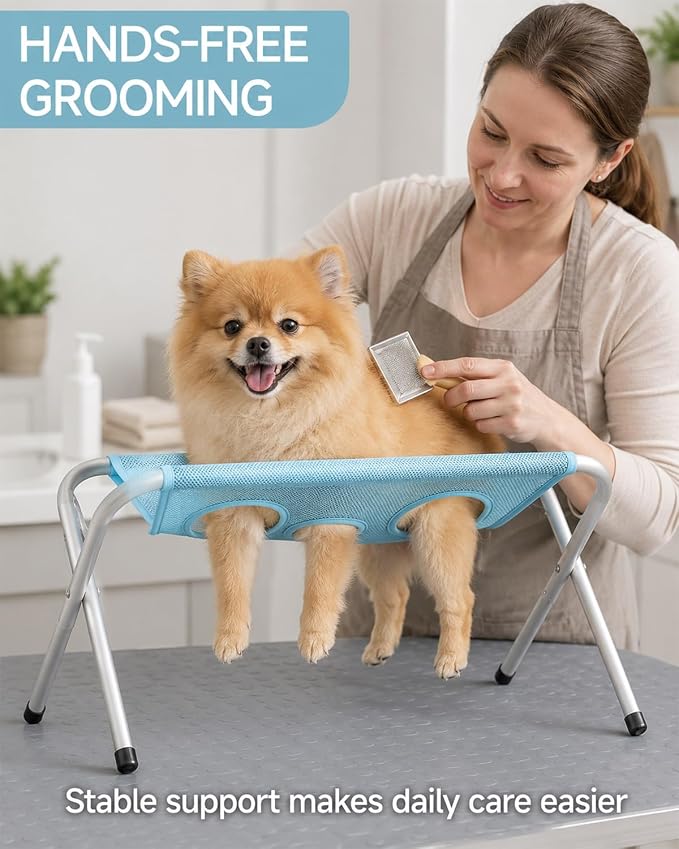 Cat Grooming Hammock,Foldable Pet Table For Dogs Home,Dog Bath Stand | Painted Iron Frame,Soft Breathable Sling,Secure Restraint,Portable Design,Small Breeds,Nail Care,Washing Support(Pink)
