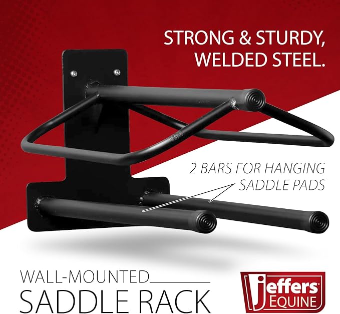 Jeffers Wall Saddle Rack with Saddle Pad Bars, Mounting Hardware Included - Heavy Duty Black Wall Mounted Steel Saddle Holder for English & Western Saddles, Blankets, Tack Storage for Barns & Stables