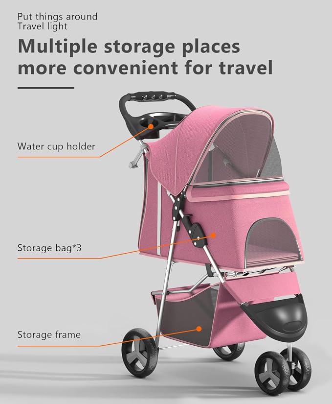 OS MOTOR 3 Wheels Pet Stroller for Small Medium Pets, Pink | Foldable Carrier Jogger, Rear Wheel Breaks, Storage Basket, Visible Mesh Weather Cover, Portable, Dog, Cat, Puppy, Kitty